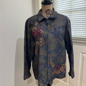 Chico's Navy and olive Patterned Zip-Front Shirt Jacket with Embroidered Accents